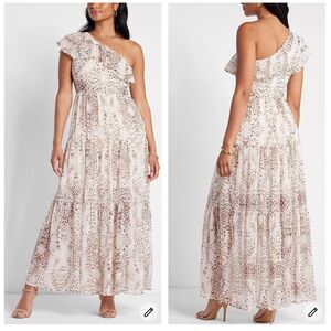 Express Rachel Zoe Metallic Printed Ruffle One Shoulder Maxi Dress Sz XS Chiffon